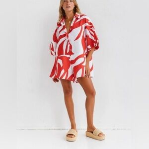 By CW Cocowillow Rae 100% Linen Oversized Playsuit Chilli Print